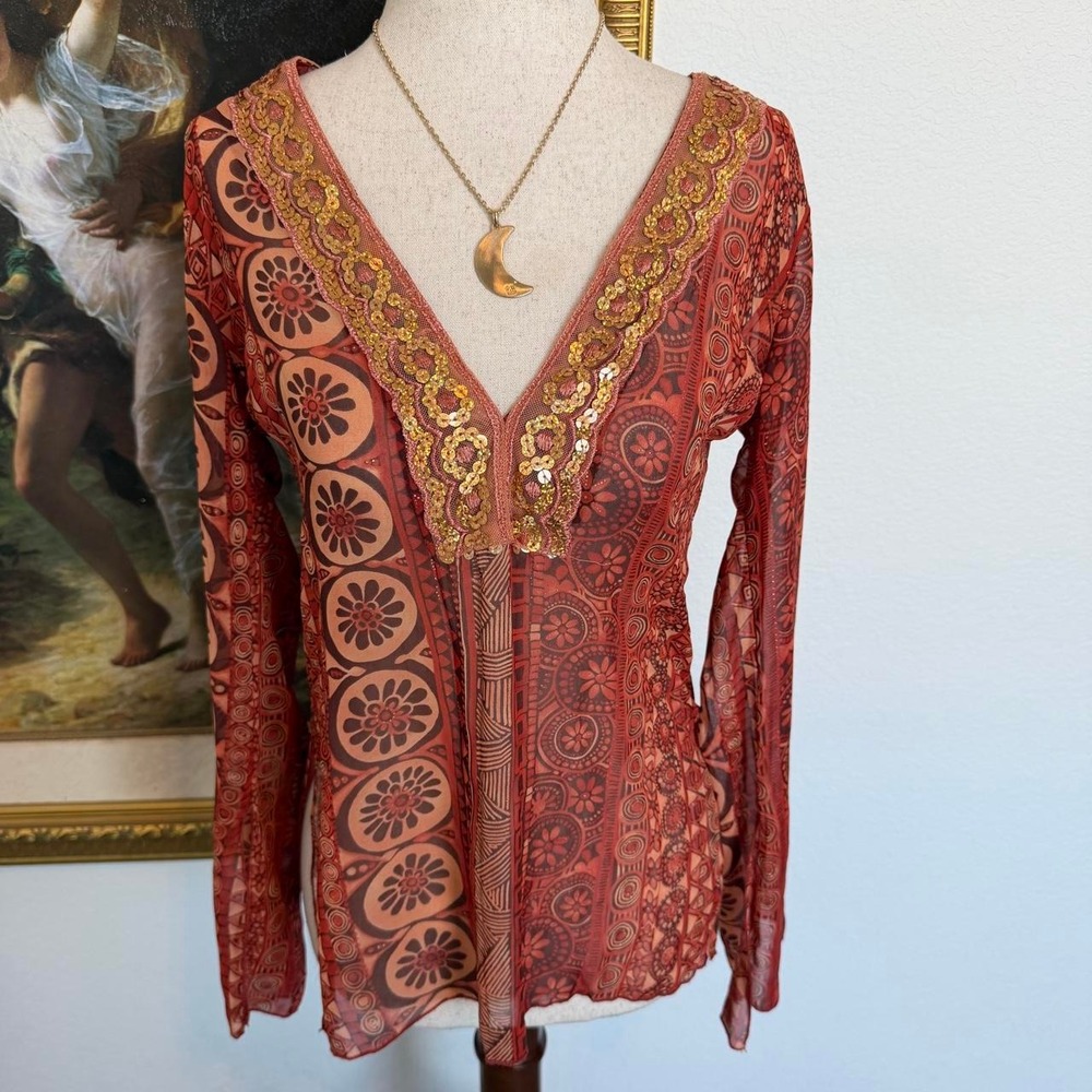 Y2K Vintage Sheer Boho Fairy Paisley Top